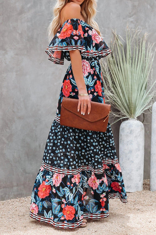 Off Shoulder Ruffle Bardot Tiered Sash Tie Tropical Floral Maxi Dress