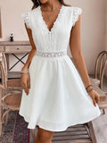 Lace Trim Openwork Jacquard V-neck, Fitted Waist Flying Sleeves Mini&Short Dresses