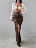 PU Leather High-waisted Slim Fit Hip Body Slit Longline Skirts