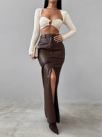 PU Leather High-waisted Slim Fit Hip Body Slit Longline Skirts