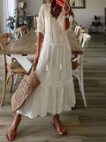 Eyelet Lace Deep V-Neck Tassel Tie Puff Sleeve Tiered Maxi Dress