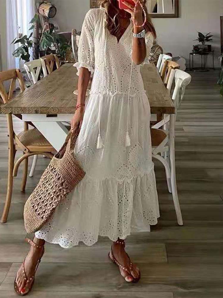 Eyelet Lace Deep V-Neck Tassel Tie Puff Sleeve Tiered Maxi Dress