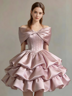 Satin Off-shoulder Bow Design Multi-layered Short Dress