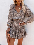 Long-sleeved V-neck Fashion Print Fitted Waist Short Dress