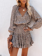 Long-sleeved V-neck Fashion Print Fitted Waist Short Dress