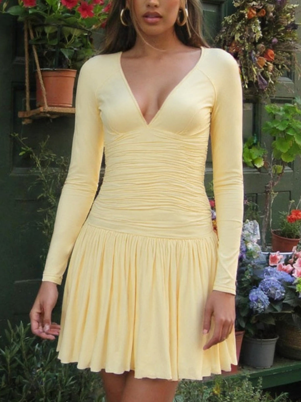 Pleated V-neck Long Sleeve Mini&Short Dresses