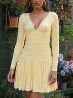 Pleated V-neck Long Sleeve Mini&Short Dresses