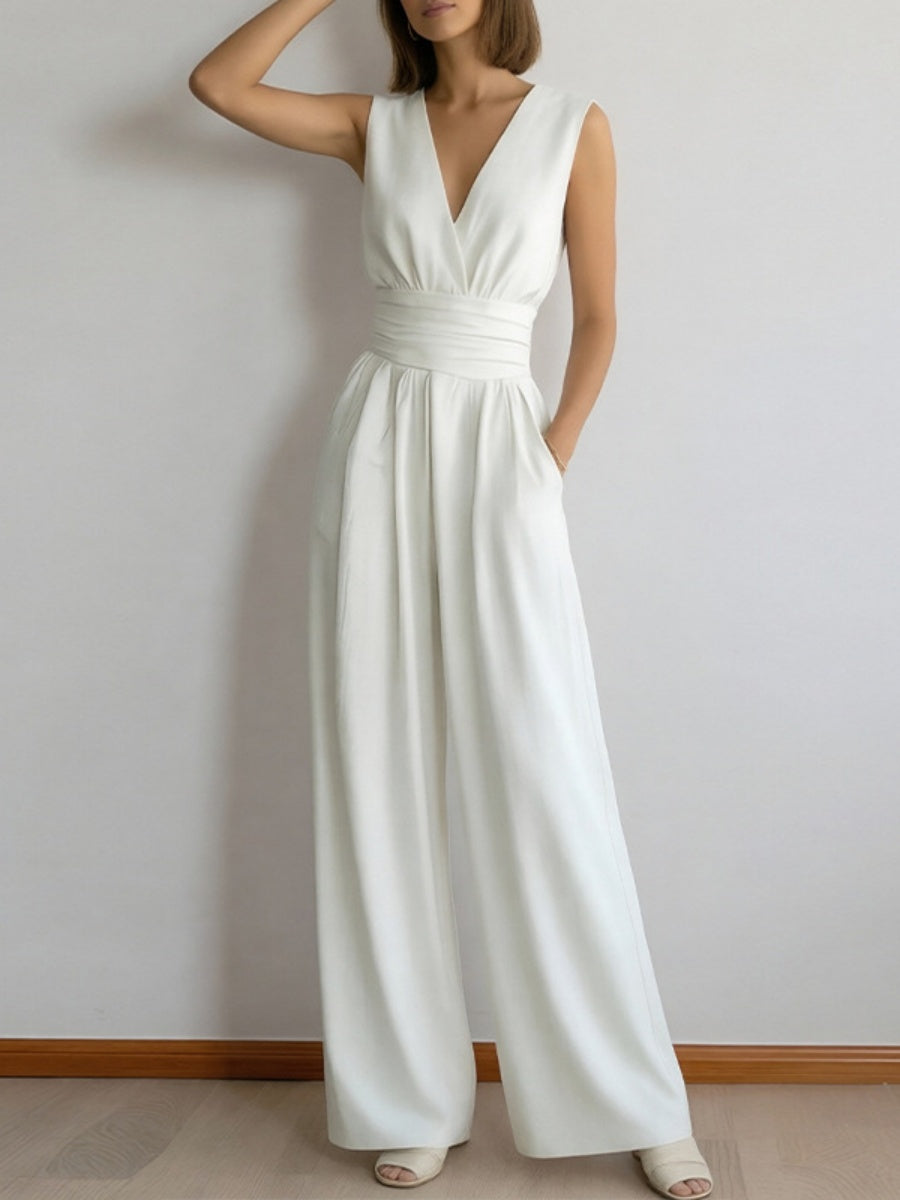 V-neck Waist Wide-leg Pants Sleeveless Temperament Grace Commuting Jumpsuits
