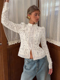 Lace Crochet Stand Collar Slim-fit Long Sleeve Sheer Top