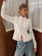 Lace Crochet Stand Collar Slim-fit Long Sleeve Sheer Top