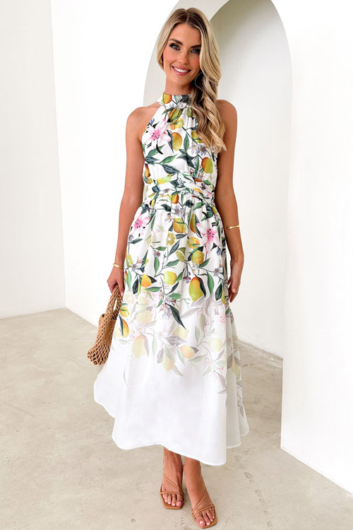 Floral Print Halter Neck Tie Waist A-Line Midi Dress