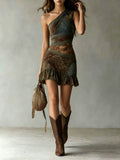 Irregular Ruffle Sloping Shoulders Patchwork Print Mini&Short Dresses