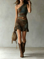 Irregular Ruffle Sloping Shoulders Patchwork Print Mini&Short Dresses