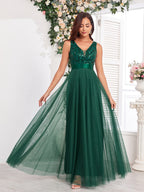 V-neck Embroidery Sequins Elegant Gauze Formal Dress Maxi Dresses