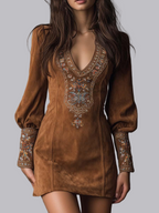 V-neck Plants And Flowers Embroidered Pattern Hip Mini&Short Dresses