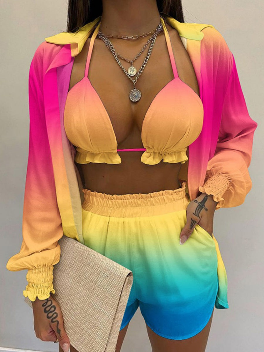 Gradient Print Camisole Shirt And Shorts Three-piece Set