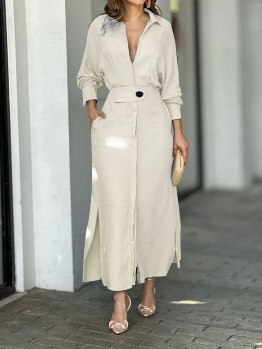 Lapel-front, Fitted Waist, Belted Solid Color Cardigan Long Dress