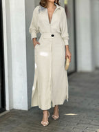 Lapel-front, Fitted Waist, Belted Solid Color Cardigan Long Dress
