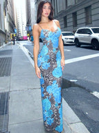 Fitted Floral Leopard Print Halter Maxi Dress