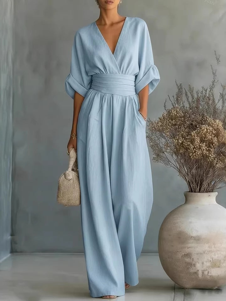 Waist-cinching V-neck Elegant Women's Jumpsuit