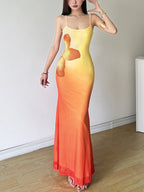 Floral Print Gradient Colors Fishtail And Hip Maxi Dresses