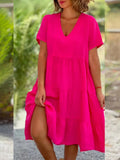 V-neck Large Skirt Short Sleeves Mini&Short Dresses