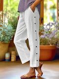 Breathable Cotton And Linen Cropped Trousers With Decorative Side Seams, Side Pockets, And A High Waist.