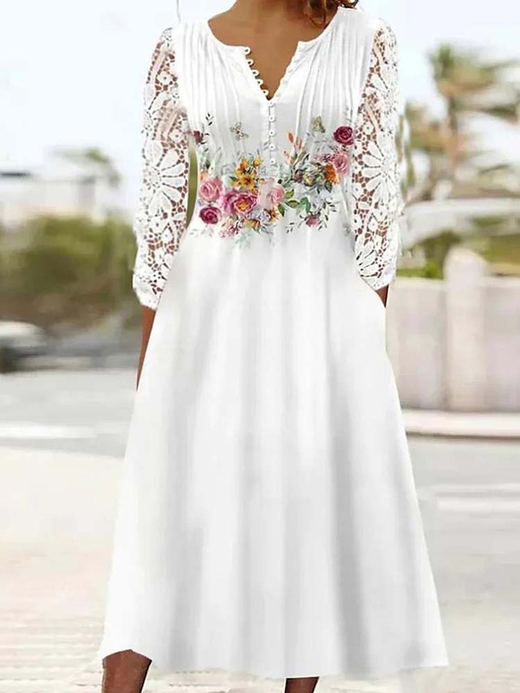 Floral Band Waist Henley V-Neck Lace Sleeve A-Line Midi Dress