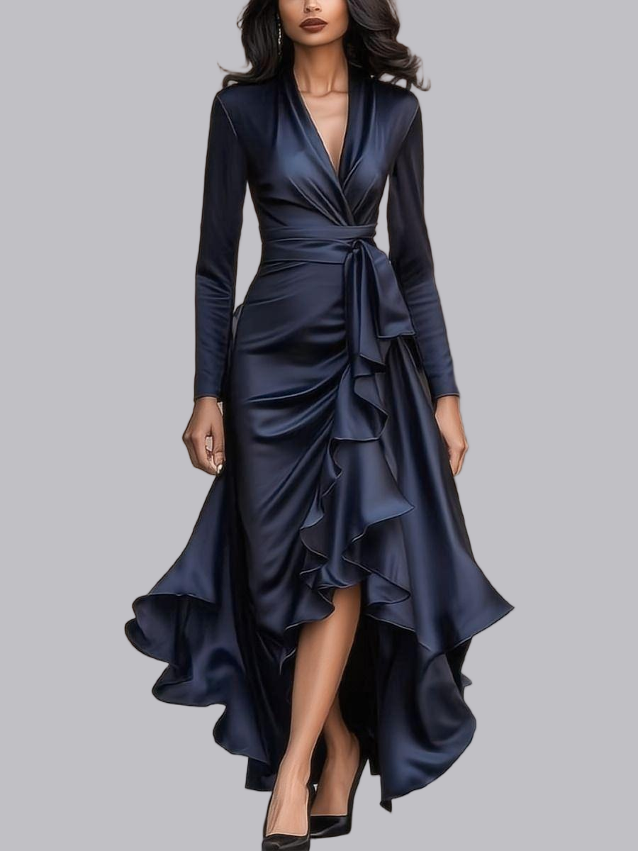 V-neck Fitted Waist Ruffled Hem Maxi Dresses