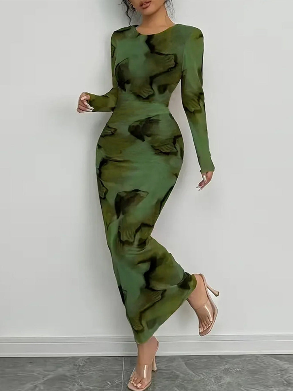 Printed Stretch Round Neck Long Sleeve Maxi Dresses