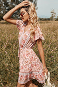 Surplice V-Neck Flutter Sleeve Drawstring Waist Ruffle Hem Floral Mini Dress