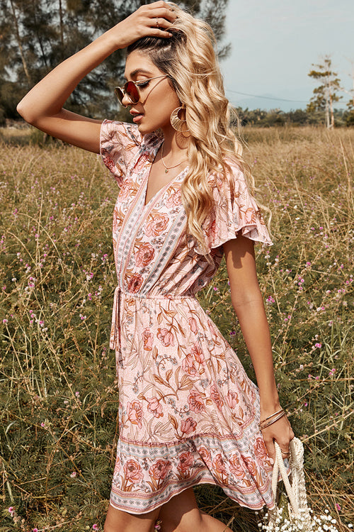 Surplice V-Neck Flutter Sleeve Drawstring Waist Ruffle Hem Floral Mini Dress
