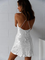 Sequin Cowl Neck Spaghetti Strap Side Slit Bodycon Mini Dress
