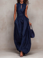 Dark Blue Striped Sleeveless Fitted Waist Wide-leg Jumpsuit