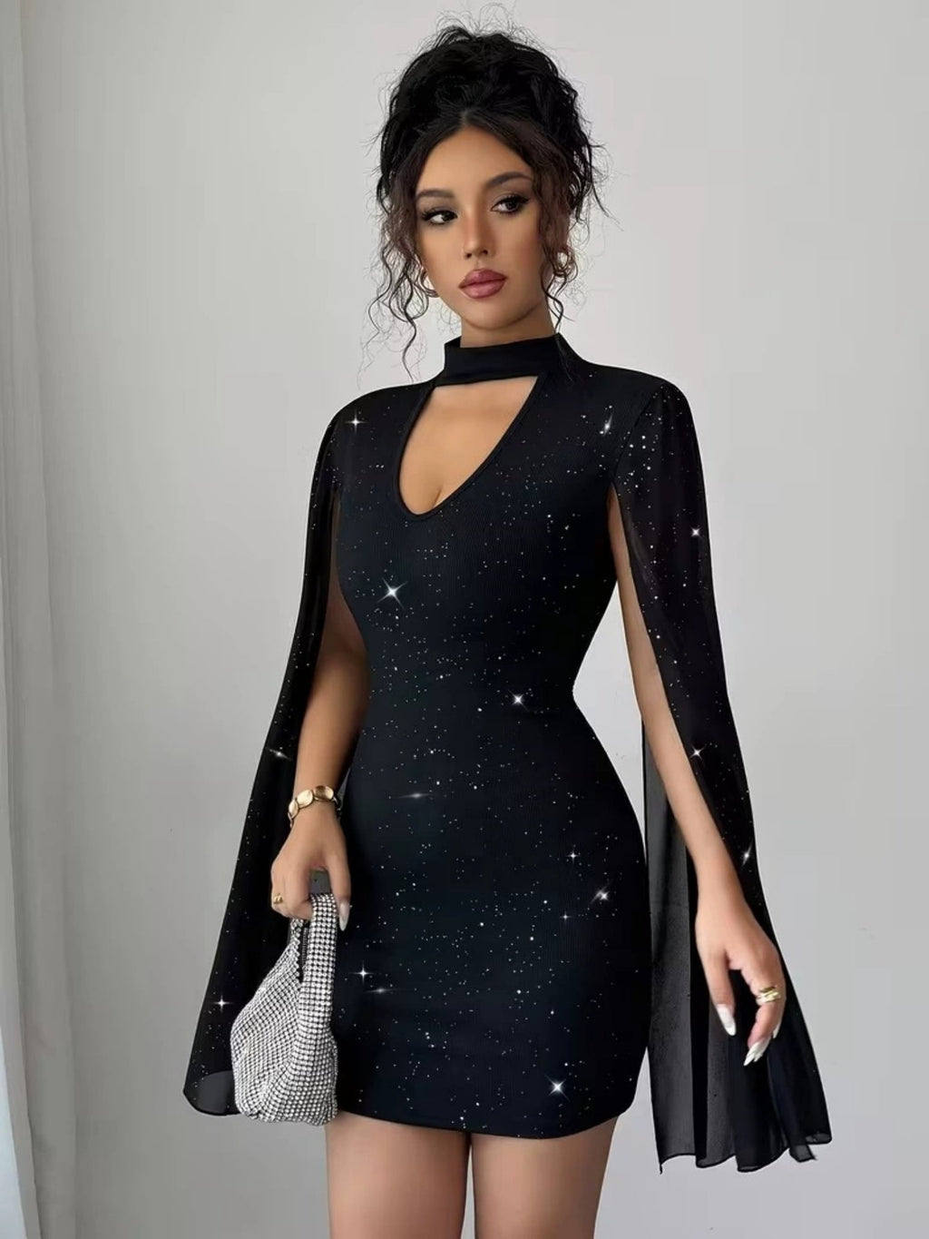 Sequins Chiffon Cape Openwork Chest Mini&Short Dresses