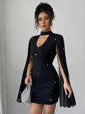 Sequins Chiffon Cape Openwork Chest Mini&Short Dresses