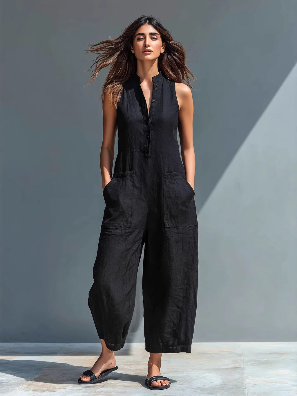 Simple Linen Blend Button-down Stand Collar Sleeveless Loose-fitting Jumpsuit