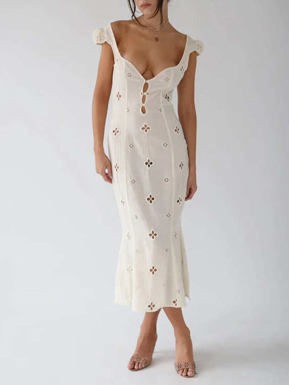 Floral Eyelet Keyhole Scoop Neck Cap Sleeve Trumpet Midi Dress