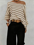 Off-shoulder Sloping Shoulders Loose-fit Stripes Commuting T-shirts