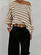 Off-shoulder Sloping Shoulders Loose-fit Stripes Commuting T-shirts