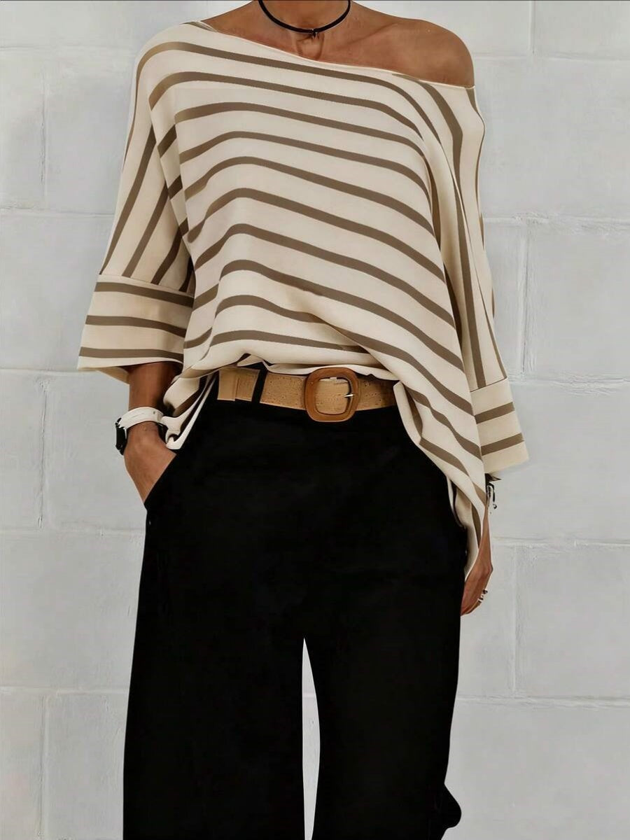 Off-shoulder Sloping Shoulders Loose-fit Stripes Commuting T-shirts