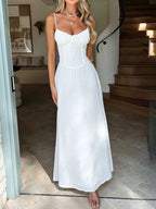 Lace-up A-line Solid Color Suspender Long Dress