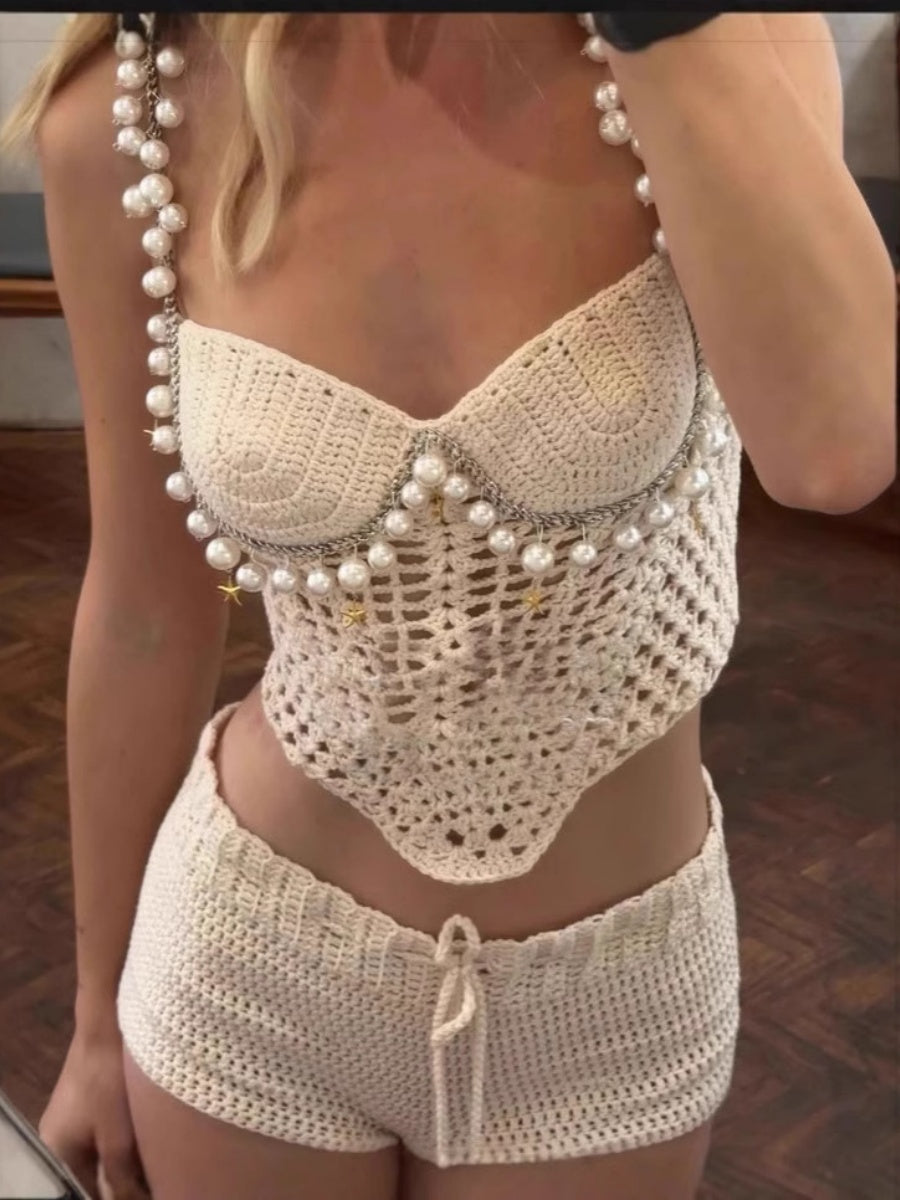 Solid Color Cropped Tank Top And Shorts Two-piece Set
