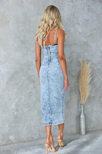 Acid Wash Denim Corset Bodice Waist Cut Out Side Split Bodycon Mini Dress