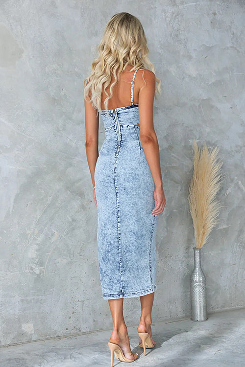 Acid Wash Denim Corset Bodice Waist Cut Out Side Split Bodycon Mini Dress