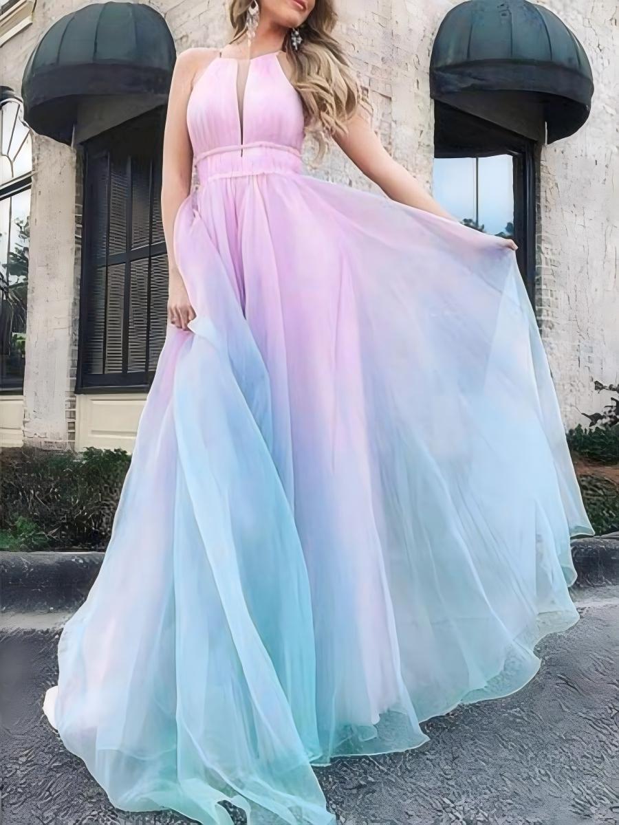 Gradient Sleeveless Deep V Chiffon Maxi Dresses