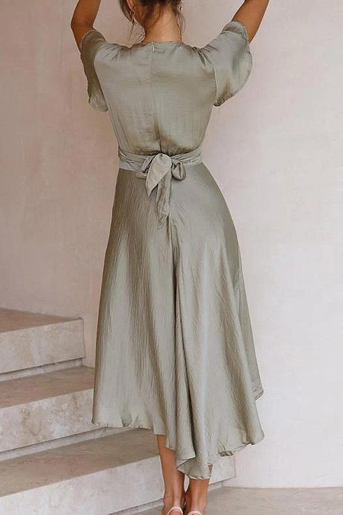 Deep V-Neck Tie Waist Flutter Sleeve Ruffled High-Low Midi Dress