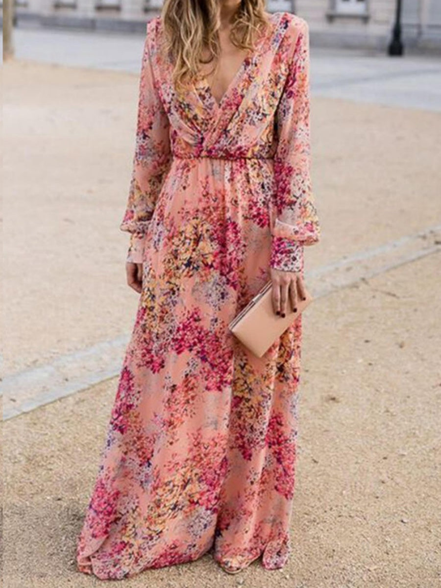 V-neck, Tie-waist, Floral Print, Fitted Waist, Full Skirt Long Dress
