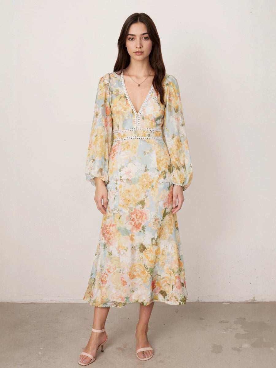 Floral Print Long-Sleeved Bodycon Slim Fit Long Dress