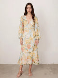 Floral Print Long-Sleeved Bodycon Slim Fit Long Dress